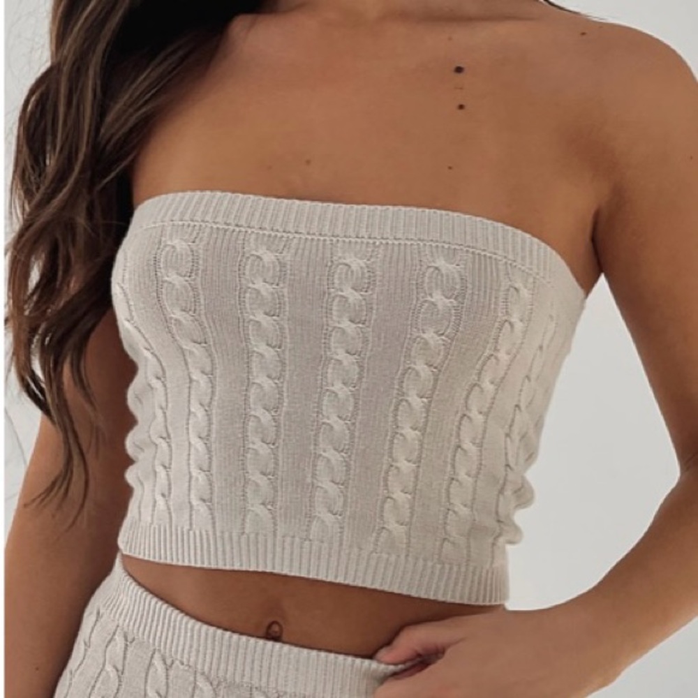 White Fox Cream Cable Knit Strapless Top